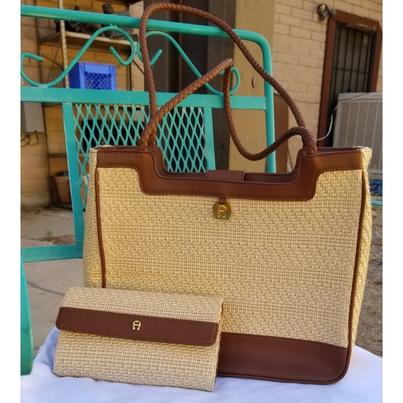 Etienne Aigner Handbags - Etienne Aigner Straw & Faux Leather Satchel Set
